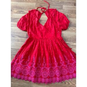 Topshop embroderie wrap puff sleeve mini dres stitching in red size 10